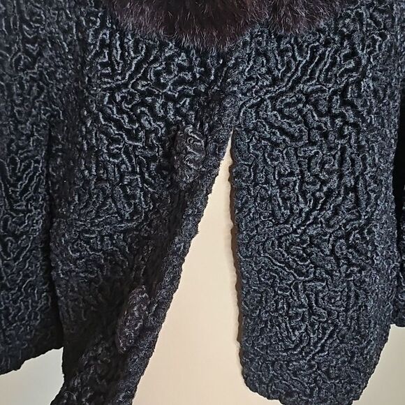 True Vintage Persian Lamb Wool Black Short Coat W Real Fur Collar 1950s 1960s - Picture 5 of 14